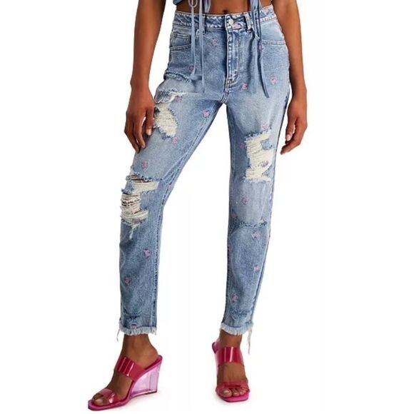 Tinseltown Junior’s Butterfly Frayed Hem Mom Jeans - Picture 1 of 14